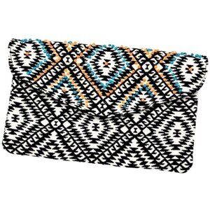 Merona Black & White Aztec Pattern Clutch Purse Colorful Bead Details Boho